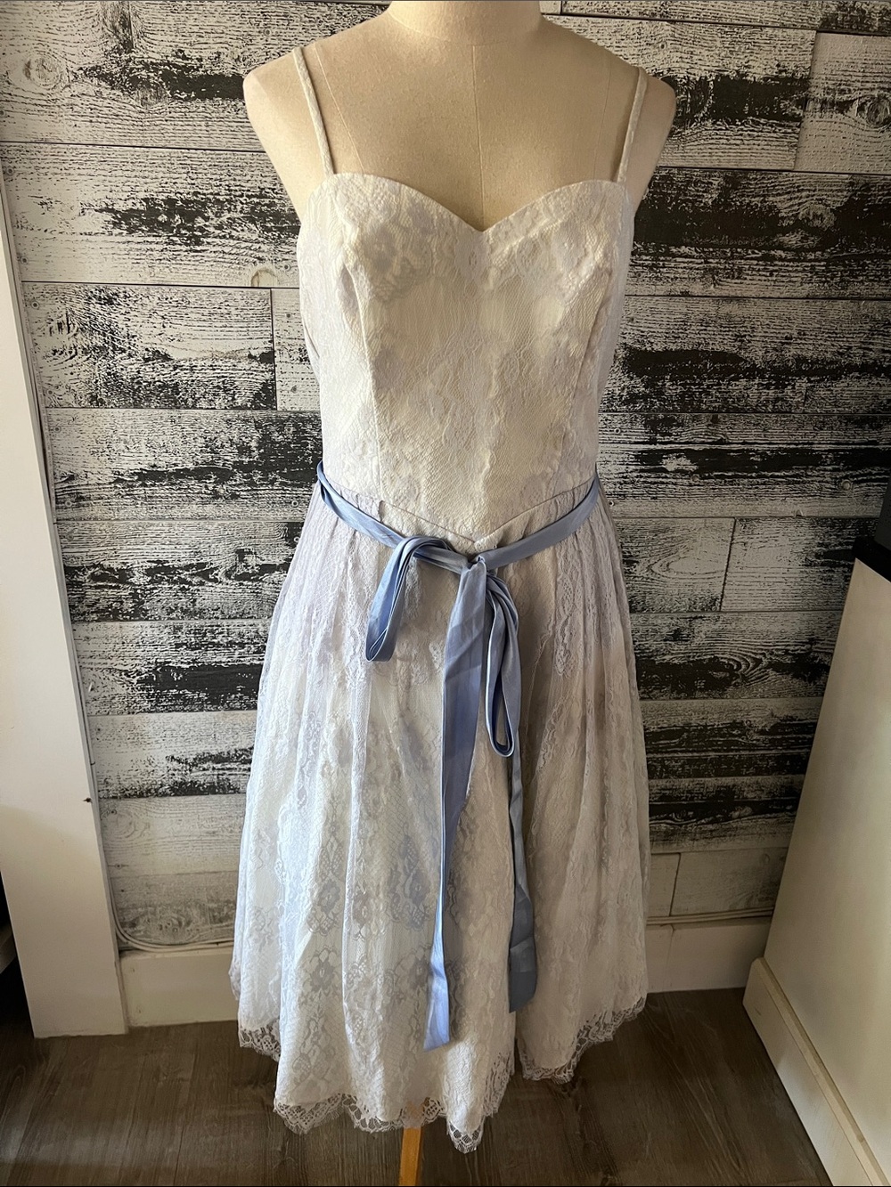 Unique Vintage White Lace Dress with Light Blue Sash